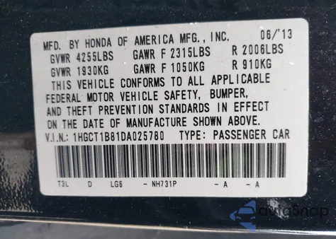 2013 Honda Accord Ex-L z USA, uszkodzony, nr VIN 1HGCT1B81DA025780